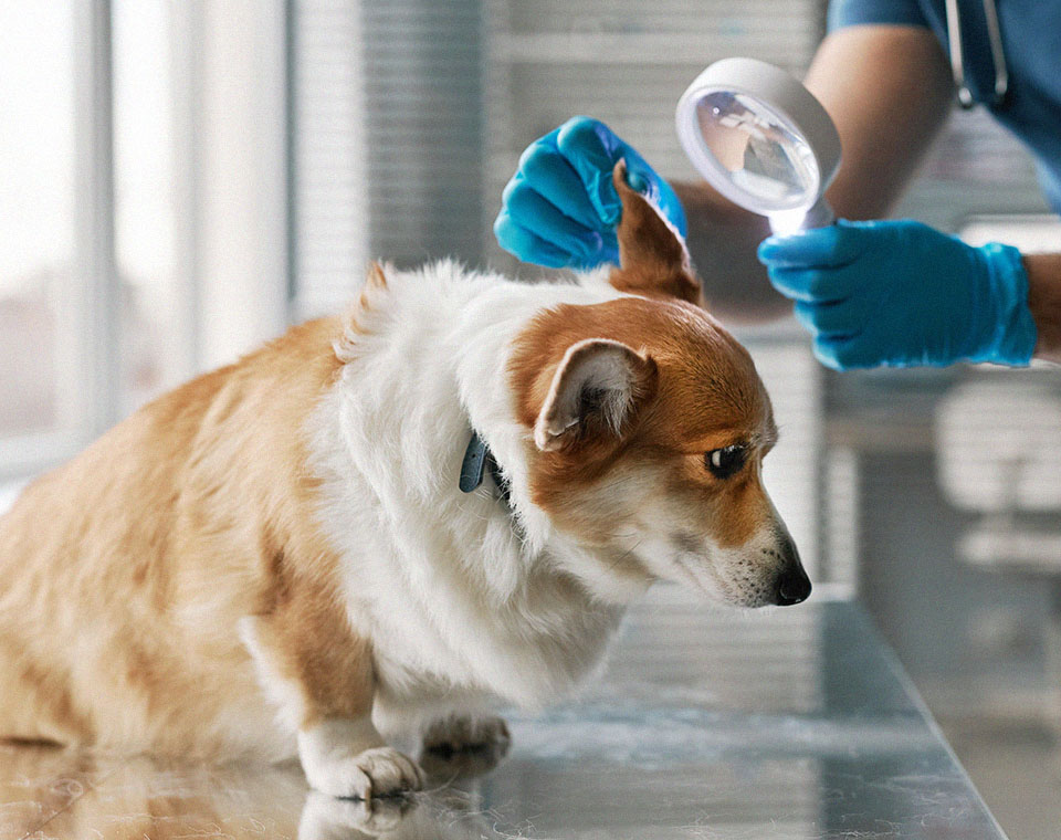 veterinarian bending sick corgi dog