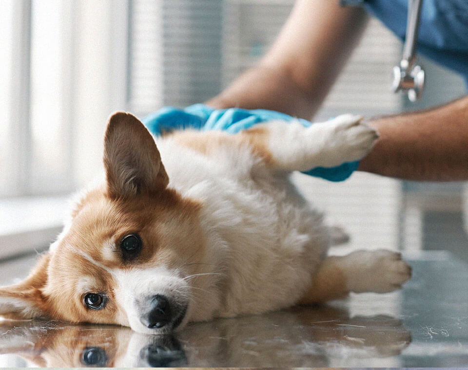 cute-fluffy-corgi-dog-lying-at-table-during-medical-check-up